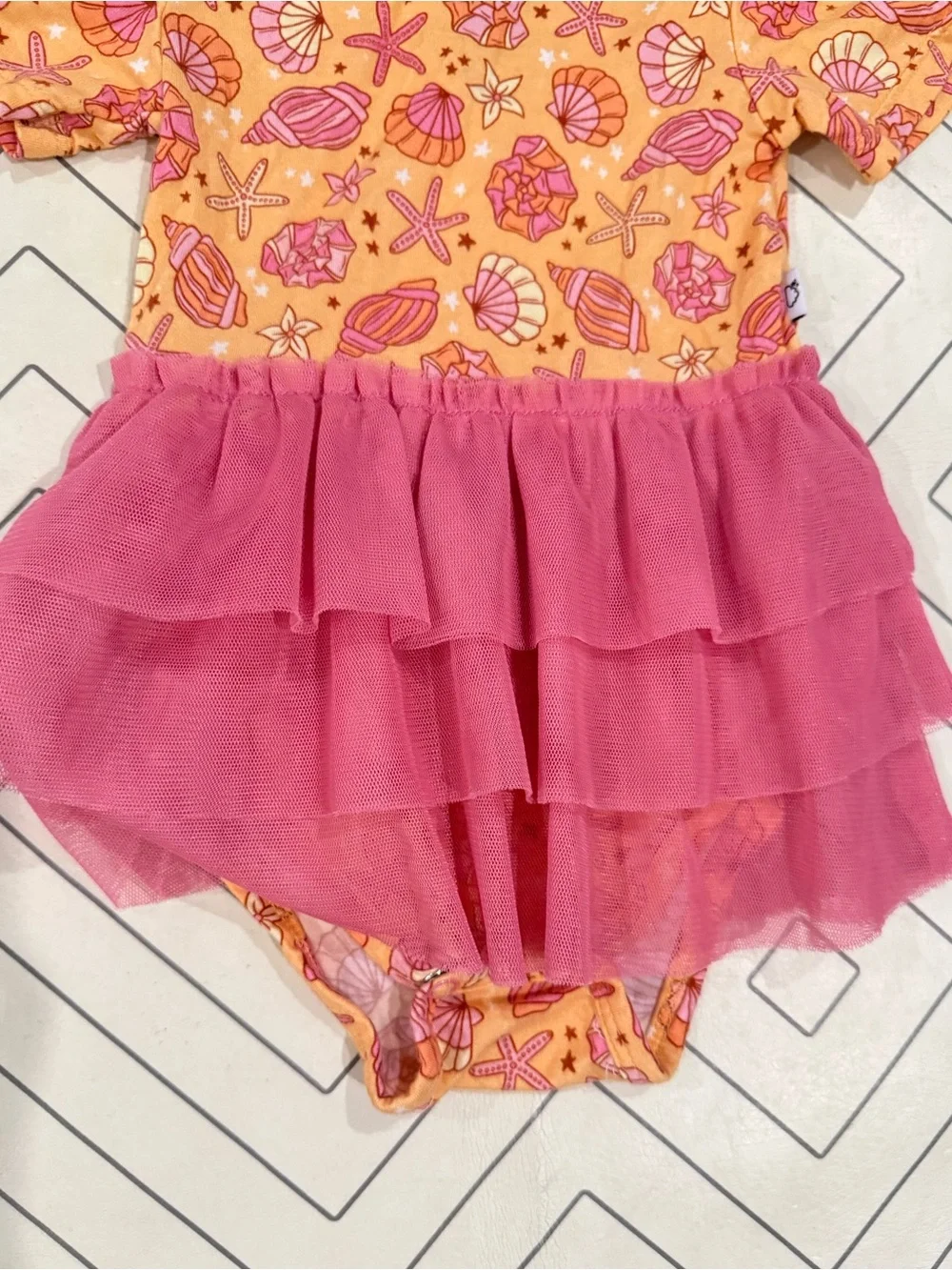 Dream Big Little Sea Shell Print One-Piece with Pink Tulle Skirt